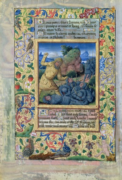 Paní Lat. Q.v.I.126 fol.31v Goliáš zabíjí izraelské vojáky, z Hodin Ludvíka Orleánského. od Jean Colombe
