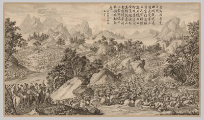 Bitva u Heshi Kuluke: z Battle Scenes of the Quelling of Rebellions..., c. 1765-1774, datum básně od Jean Damascene Sallusti