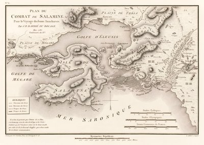 Plan du Combat de Salamine Pour le Voyage du Jeune Anacharsis (Plán bitvy u Salamis 480 př. n. l.) od Jeana Denise Barbie du Bocage (1760-1825) z Voyage du jeune Anacharsis en Grèce (Cesty Ana od Jean Denis Barbie du Bocage