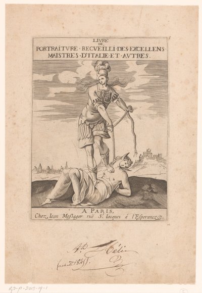 Minerva sváže Hloupost provazem Titulní strana pro: s.n., Livre de portraiture receuilli des excellens maistres d