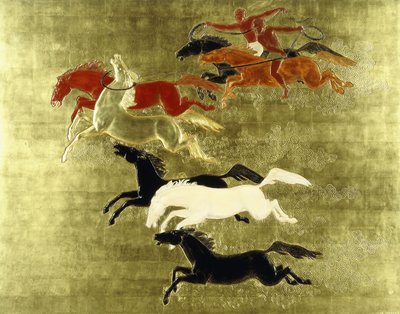 Dobytí koně; La Conquete du Cheval, kolem roku 1934 (lakovaný a zlacený panel) od Jean Dunand
