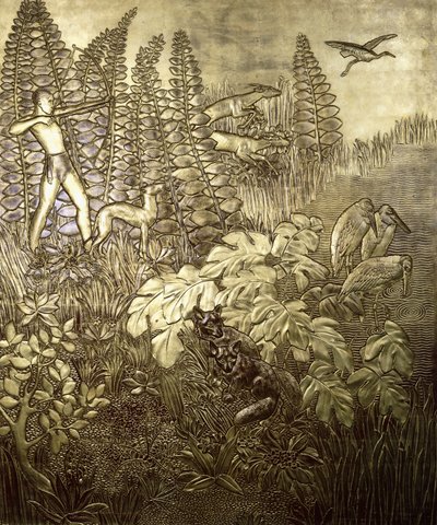 Lov; La Chasse, c. 1934 (zlacené a lakované dřevo) od Jean Dunand