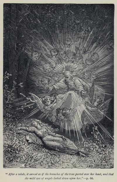 "Po chvíli se zdálo, jako by se větve stromů nad její hlavou rozdělily a že na ni shlížely mírné oči andělů" (rytina) od Jean Edouard Dargent
