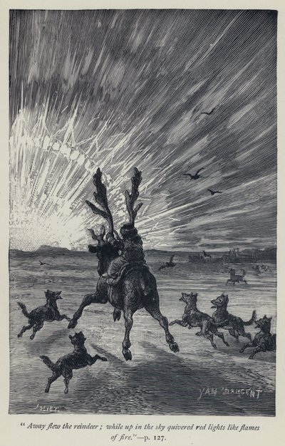 "Pryč letěl sob, zatímco nahoře na obloze se chvěla červená světla jako plameny ohně" (rytina) od Jean Edouard Dargent