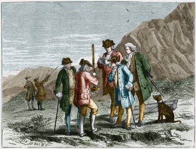 Florin Perier měřící výšku barometru (rtuťové trubice) Evangelisty Torricelliho nebo Toricelliho během experimentu na gravitaci vzduchu Blaise Pascala na vrcholu Puy de Dome (1648). Rytina Yan Dargent. od Jean Edouard Dargent