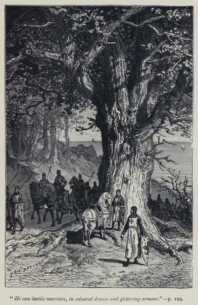 „Viděl nepřátelské válečníky v barevných šatech a třpytivé zbroji“ (rytina) od Jean Edouard Dargent