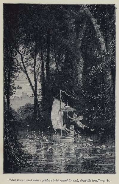 „Šest labutí, každá se zlatým kroužkem kolem krku, nakreslilo loď“ (rytina) od Jean Edouard Dargent