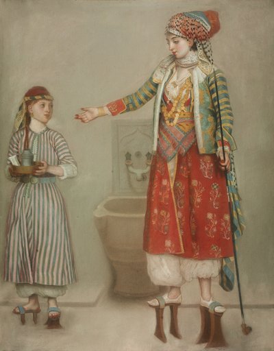 Dáma v tureckém kroji se svým sluhou v hammamu, polovina 18. století. od Jean Étienne Liotard