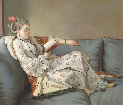La Sultane Lisant, dáma v tureckém kostýmu čtení na divanu, od Jean Étienne Liotard