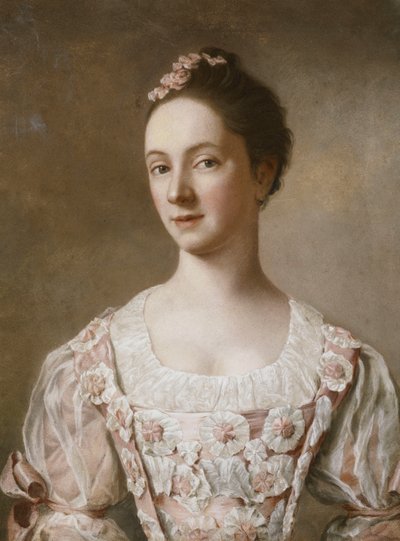 Portrét dámy, poloviční délka, v růžových a bílých šatech, od Jean Étienne Liotard