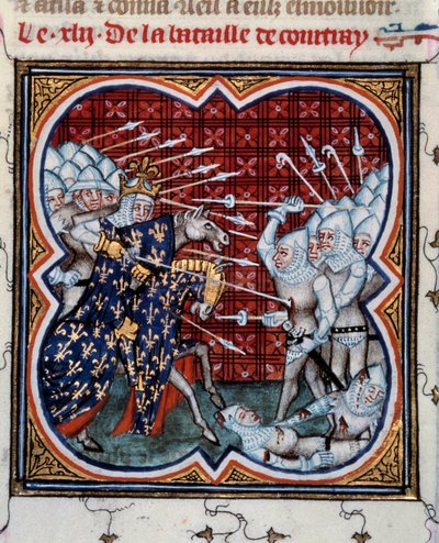 Bitva u Kortrijku mezi Filipem IV. Belem (1268-1314) a vlámská tzv. bitva o Zlaté ostruhy 11/07/1302 Miniatura převzata z „“Les grandes Chronicles de France““ od Jeana Fouqueta (1420-1481) 15. století . Paříž, B.N. od Jean Fouquet