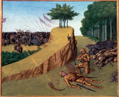 Bitva u Roncesvalaux (778). Roland zemřel v Roncevaux. Miniatura v „“Grandes Chronicles de France““ (Folio 113) od Jeana Fouqueta (141.-147.) BN, Paříž. od Jean Fouquet