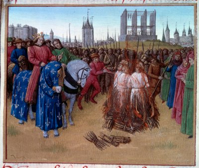 Odsouzení a mučení amauriků (příznivců Amauryho de Chartres, francouzského filozofa a teologa 12. století) za přítomnosti Filipa II. známého jako Philip Auguste (1165-1223). Rukopis „“ Grandes Chronicles de France „“ (Folio 236 od Jean Fouquet