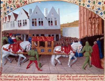 Entrée of Charles IV (1316-1378) německý císař v roce 1378 v Saint-Denis. Miniatura z „“ Grandes Chronicles de France““ (Folio 442). Enlumine od Jeana Fouqueta (15. století) od Jean Fouquet