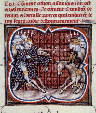 Francouzsko-anglická válka (1202-1214): Bitva u Bouvines dne 27. 7. 1214 mezi francouzskou armádou Philippa Augusta a Vlámy a Welfy z Othona IV. Francouzské vítězství bylo rozhodující ve výsledku války. Miniatura z „Velkých letopisů Francie“ b od Jean Fouquet