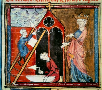 Ludvík vi le gros (1081 - 1137) dohlíží na stavbu budovy. Miniatura v knize "Grandes chroniques de france" od Jeana Fouqueta (1420-1481) od Jean Fouquet