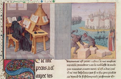 Ms.fr.273 fol.7 Livius (59 př. n. l. - 17 n. l.) Psaní a založení Říma, z "Letopisů římského lidu", překlad Pierre Bersuire, asi 1475. od Jean Fouquet