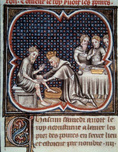 Noha krále Ludvíka IX. (1214-1270) (Svatý Ludvík): dává jídlo a myje nohy chudým. Miniatura z rukopisu „Les Grandes Chronicles de France““ od Jeana Fouqueta (1420-1481) 15. století. Paříž, B.N. od Jean Fouquet