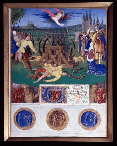 Miniatura mučednictví Kateřiny Alexandrijské převzatá z „Knihy hodin Etienna Chevaliera“ od Jeana Fouqueta (1420-1477/1481) od Jean Fouquet