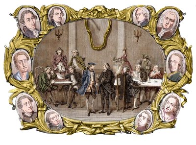 Paříž - Kavárna „“Procope““ v 18. století zprava doleva, v medailonech Georges Louis Leclerc, Comte de Buffon, Nicolas Joseph Florent Gilbert, Denis Diderot, Jean le Rond d