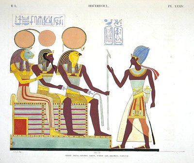Freska z Ibsambulu zobrazující Ramsese II. tváří v tvář (od l do r) Sekhmet, pravděpodobně zbožštění Ramsese II. a Re-horakhty. od Jean Francois Champollion