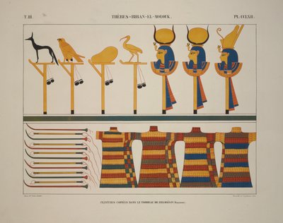 Zbraně a znamení, Théby, Biban-el-Molouk, ilustrace z „Památky Egypta a Núbie, 1845 od Jean Francois Champollion