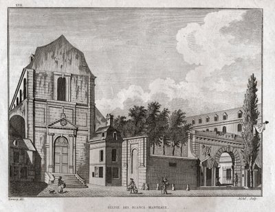 Kostel Blancs Coats, Paříž. (rytina, cca 1780) od Jean Francois Garneray