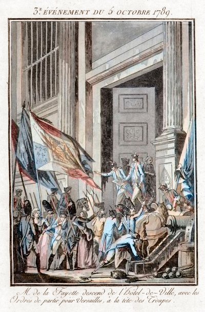 Francouzská revoluce – La Fayette opouští pařížskou radnici a míří do Versailles, 5. října od Jean Francois Janinet