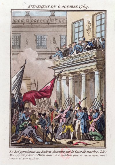 Ludvík XVI. se 6. října 1789 objevil na balkóně ve Versailles, aby řekl pařížskému davu, že pojede do Paříže pod podmínkou, že jeho manželka a rodina pojedou s ním od Jean Francois Janinet