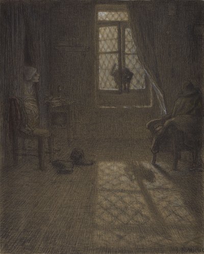 Le chat aneb The Cat at the Window, 1857-58 (conté pastelka a pastel s tupováním a prolínáním, fixováno na tkaném papíře) od Jean Francois Millet