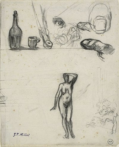List náčrtů: Stojící ženský akt, strom, zátiší, prsty a oko od Jean Francois Millet