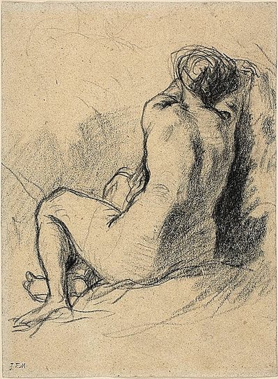 Studie: Studie: Akt ženy při pohledu zezadu (recto) Skicy rolníků při práci (verso) od Jean-Francois Millet