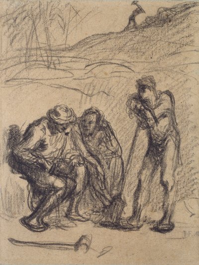 Tři sedláci odpočívají, jeden se opírá o rýč, c1850-1851 od Jean Francois Millet