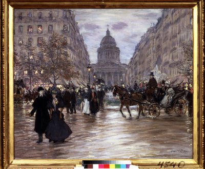 ""Boulevard Saint Michel"" Pohled na Rue Soufflot a Pantheon z Lucemburských zahrad a Boulevard Saint-Michel v Paříži, taxíky a elegantní páry oživují ulici za soumraku. Obraz Jeana Francoise Raffaelliho (18 od Jean Francois Raffaelli