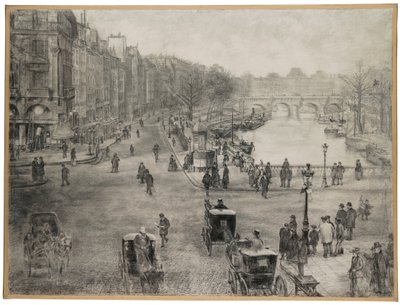 Paříž, Place de Saint Michel s Quai des Grands Augustins a Pont Saint Michel v popředí a Pont Neuf a Louvre v pozadí, kolem roku 1900 od Jean Francois Raffaelli