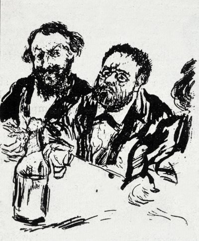 Malíř Edouard Manet (1832-1883) a spisovatel Emile Zola (1840-1902) u stolu Karikatura Jean Francois Raffaelli (1850-1924) od Jean Francois Raffaelli