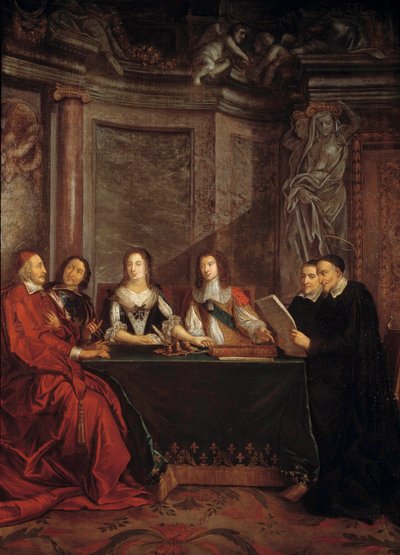 Rada svědomí: Svatý Vincent de Paul, hlava rady svědomí, čtená před kardinálem Julesem Mazarinem (Giulio Raimondo Mazzarino nebo Mazarino) (1602-1661), Pierrem Seguierem (1588-1672), královnou Annou Rakouskou (1601-1666 ) a Ludvík XIV (1638 od Jean François de Troy