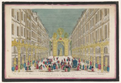 Pohled na výzdobu Rue de la Feronnerie v Paříži u příležitosti restaurování Ludvíka XV., krále Francie, v roce 1745 Vue perspective des illuminations de la Ruë de la Feronnerie du côté de la Ruë St. Denis a Paris (...) (název na o od Jean François Daumont