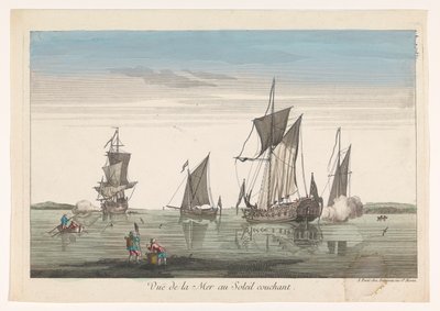 Krajina s loděmi a čluny při západu slunce Vue de la mer au soleil couchant (název na objektu) od Jean François Daumont