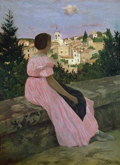 Růžové šaty nebo pohled na Castelnau-le-Lez, Herault, 1864 od Jean Frederic Bazille