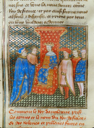 Anglický král Eduard III. na trůně, oděný do tuniky s anglickými a francouzskými znaky, naslouchá projevu Roberta z Artois ... od Jean Froissart