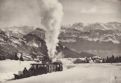 Rigi Kaltbad, vlak zimních sportů Vitznau Rigi Bahn (č/b foto) od Jean Gaberell