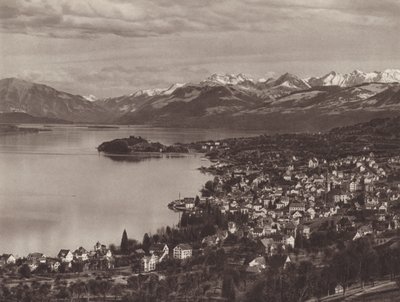 Švýcarsko: Curyšské jezero, Horgen, Au a Alpy (černobílé foto) od Jean Gaberell