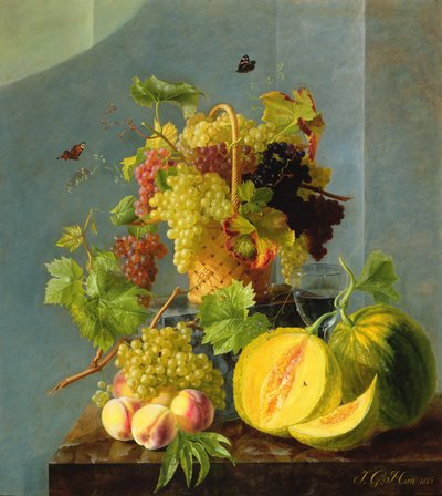 Zátiší s košíkem hroznů a melounů, 1815 (olej na mědi) od Jean Georges Hirn