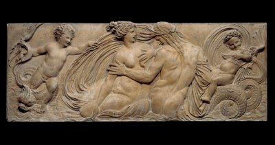 Nymfa a malý džin jezdí na mořském koni; Nymph a Triton obklopeni dvěma malými džiny. Nízká úleva. Kamenná socha od Jeana Goujona (1510-1567) od Jean Goujon