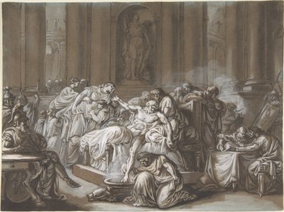 The Death of Seneca (pero a černý inkoust, štětec a hnědé mytí, zvýrazněné bílým kvašem na modrém papíře) od Jean Guillaume Moitte