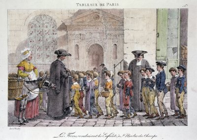 Bývalý pouliční obchod v Paříži: bratři vozí děti do Saint Nicolas des Champs (Saint-Nicolas-des-Champs), katolická škola - rytina Jeana Henryho Marleta (1771-1847) v sérii „“Les Tableaux de Paris“ 72 tisků, konec 19. stol od Jean Henri Marlet