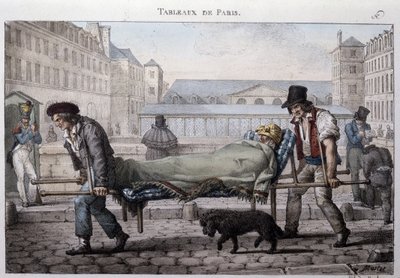 Bývalý pouliční metier v Paříži: nebohý pacient vede do nemocnice na nosítkách. Rytina Jeana Henryho Marleta (1771-1847) v „“Les Tableaux de Paris“, série 72 tisků, konec 19. století. od Jean Henri Marlet
