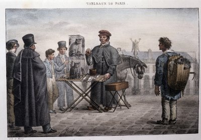 Bývalý pouliční metier v Paříži: obchodník se smrtí krys (kamelot). Rytina Jeana Henryho Marleta (1771-1847) v „“Les Tableaux de Paris“, série 72 tisků, konec 19. století. od Jean Henri Marlet