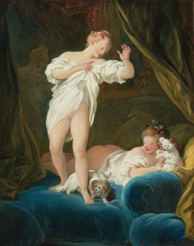 Dvě dívky na posteli hrající si se svými psy od Jean Honore Fragonard